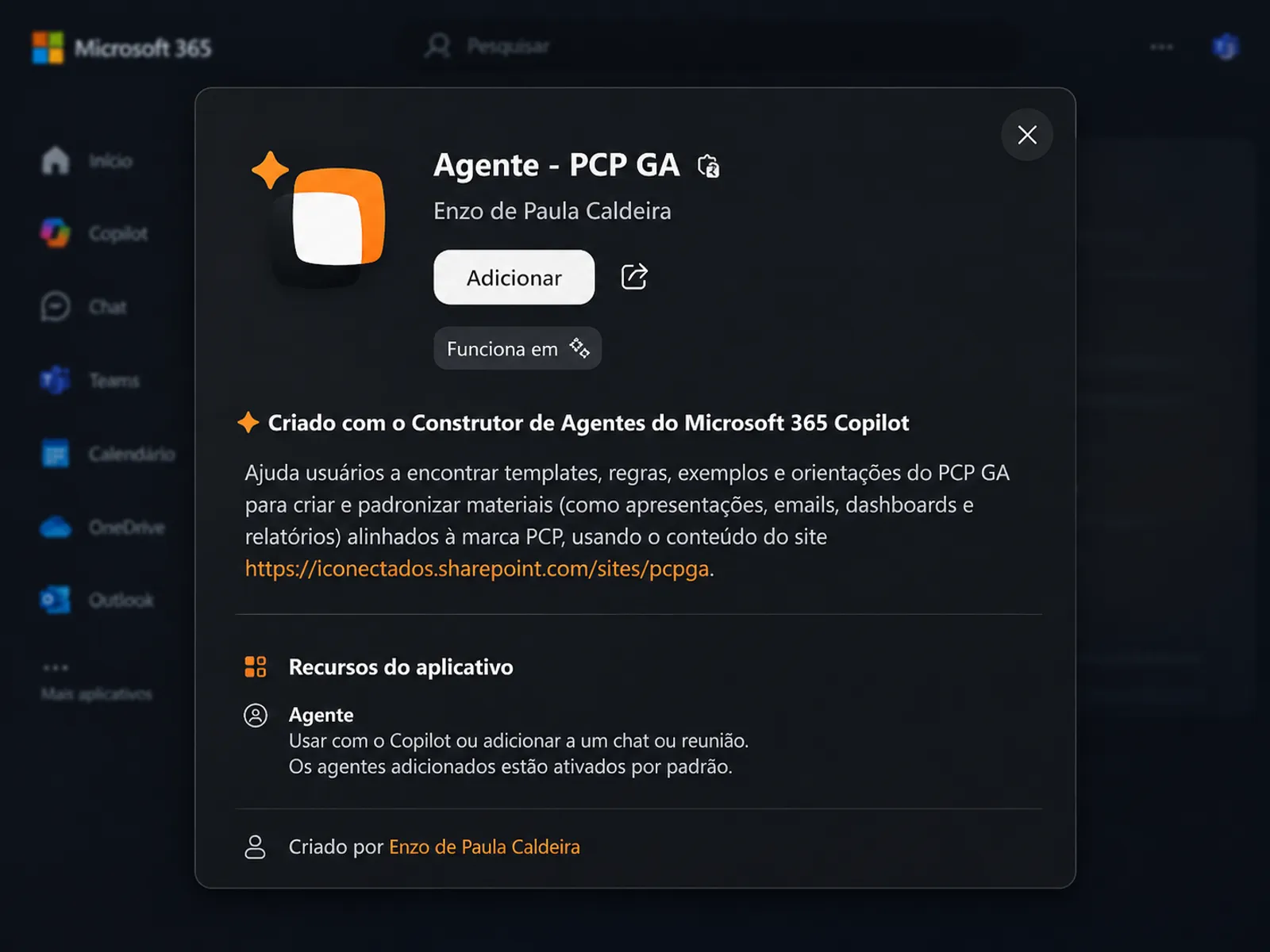 Ficha do agente PCP GA no Microsoft 365, mostrando descrição e fonte de conhecimento